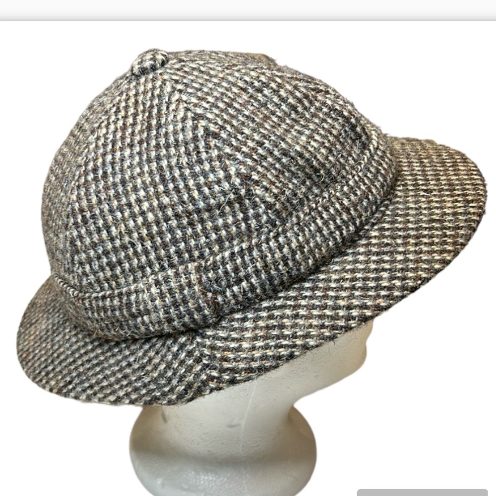 Harris Tweed Pure Scottish Wool Deerstalker Hat Grey Brown Herringbone Sz 6 3/4